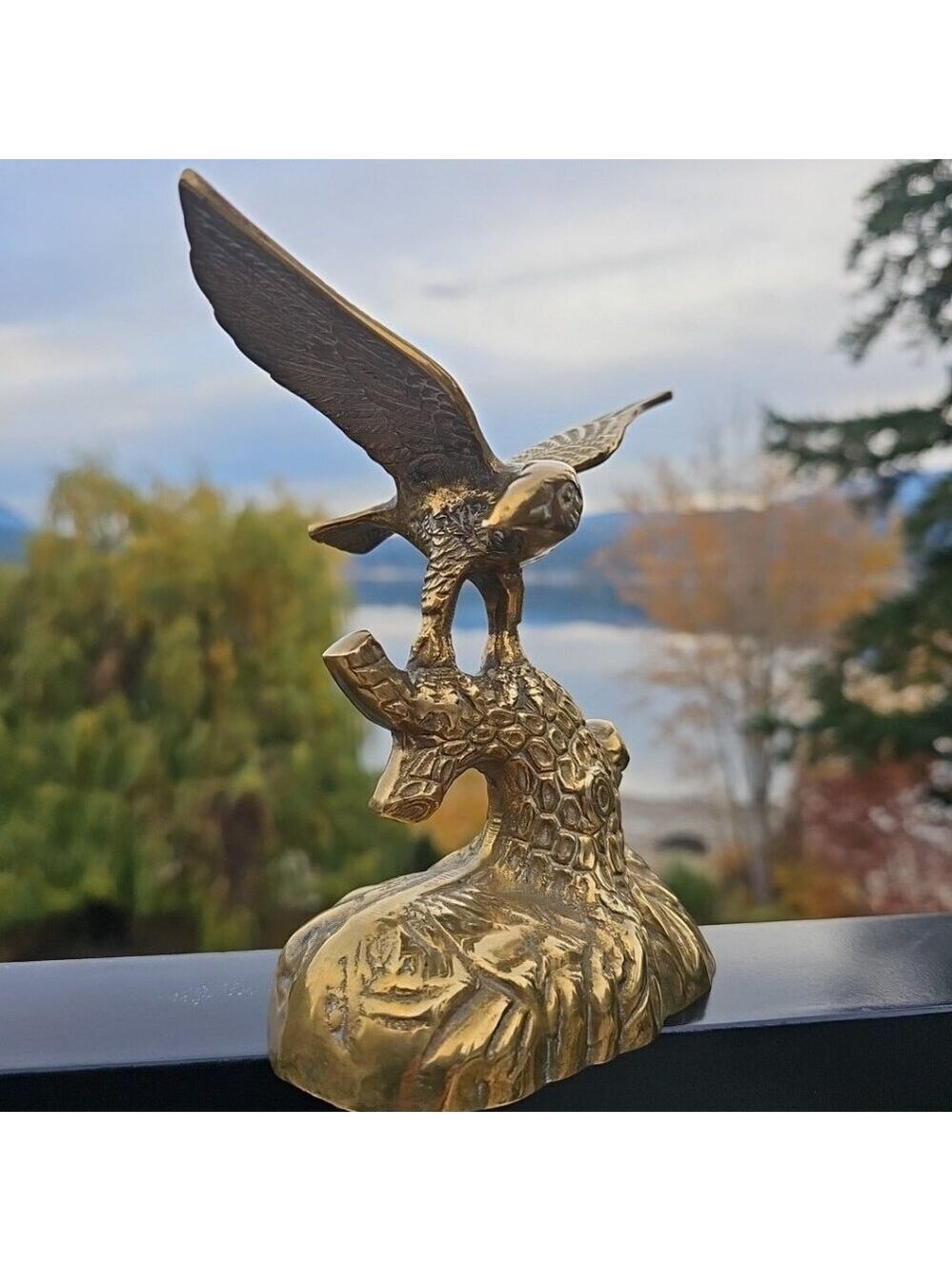 Eagle Brass Statue Figurine Perched On Log MCM Vintage Bird Hunting Fishing